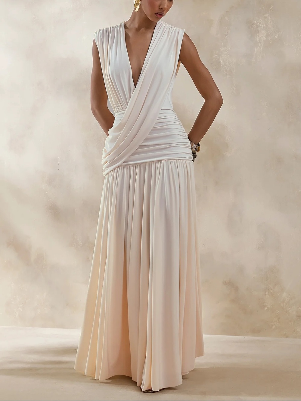 GLORINA Cream Plunge-Neck Maxi Dress With Draped-Detailing